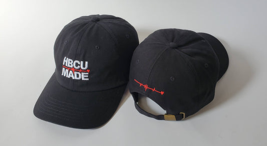 HBCU MADE - Two Dad Hats in black with red and white text.