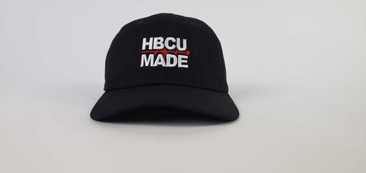 HBCU MADE - black, red, and white Dad Hat on white background.